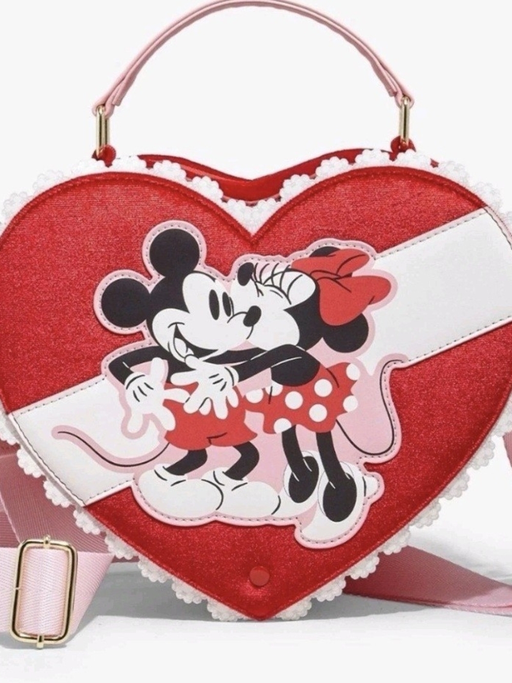 Loungefly Disney Heart-Shaped Red Minnie & Mickey Kiss Crossbody bag